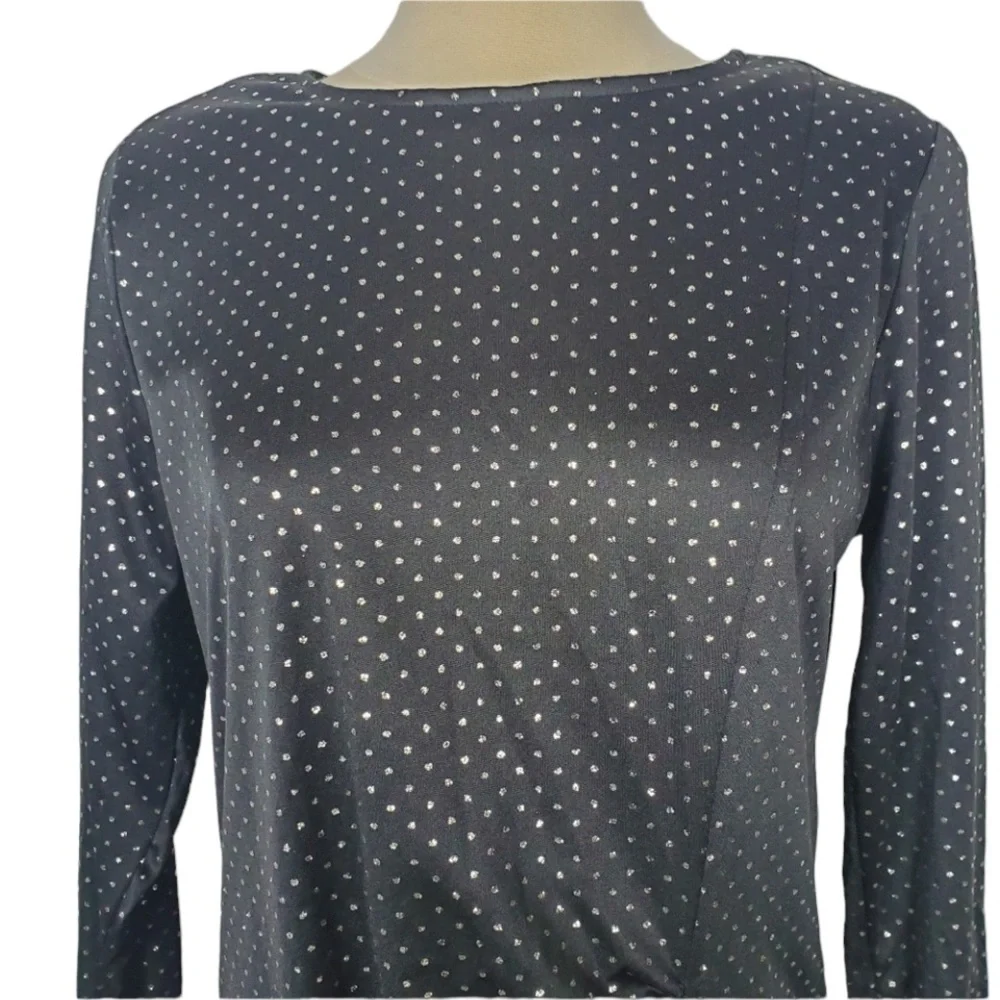 1980s Barone Black &‎ Silver Polka Dot Poly Dress